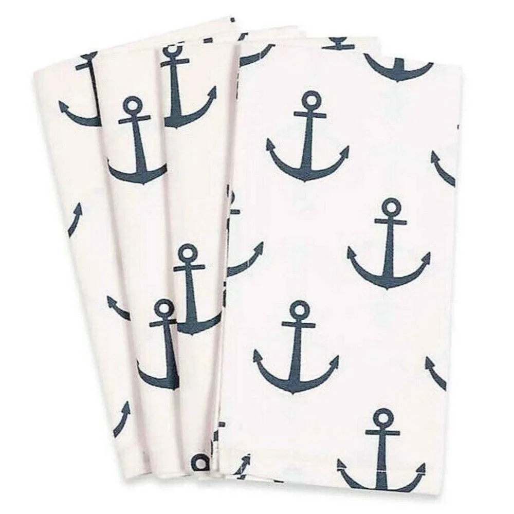 Fete White Napkins Set of 4 Navy Anchors Cotton 20x20